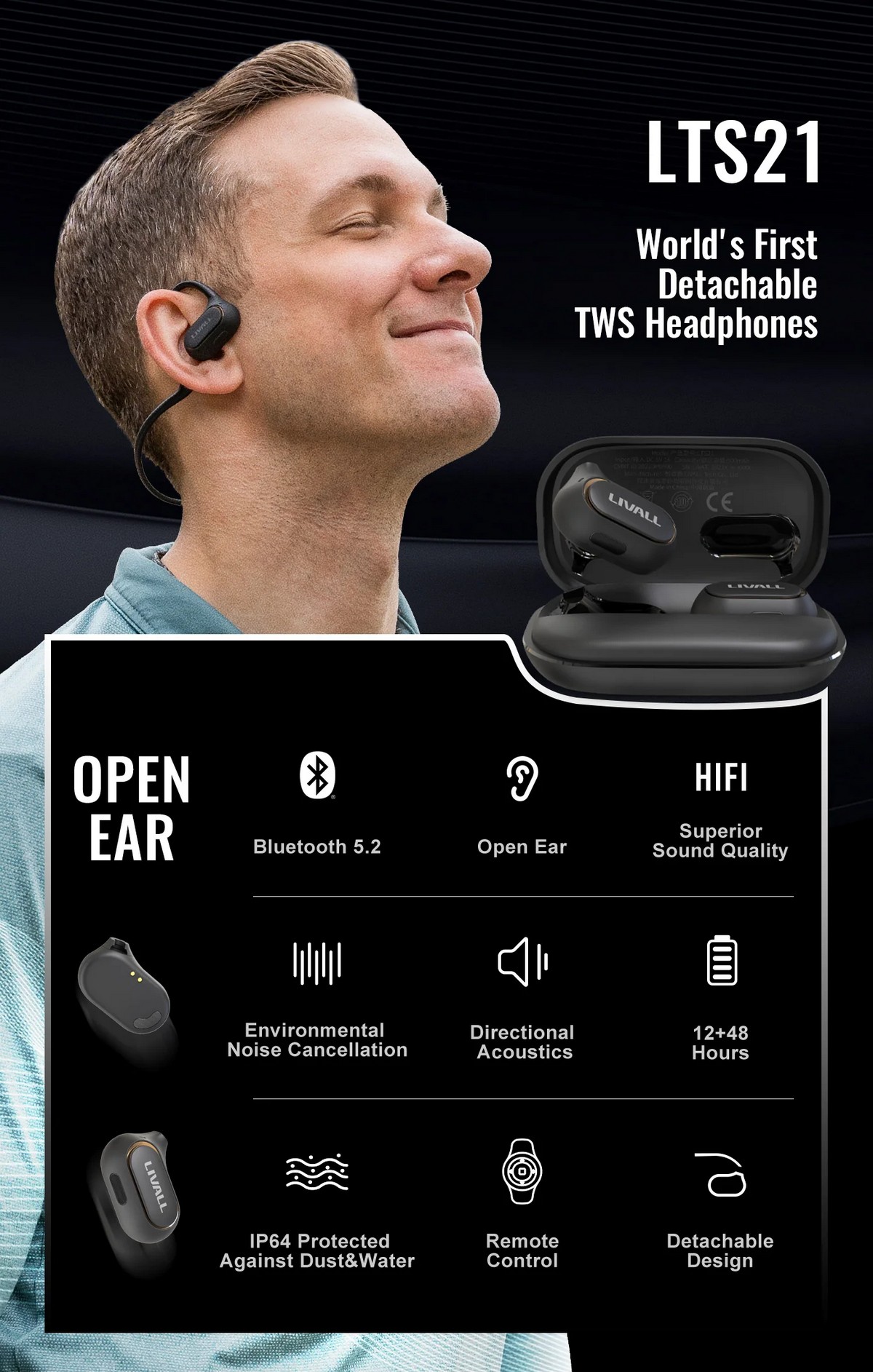 Auriculares deportivos inalámbricos con bluetooth: diseño desmontable de oreja abierta