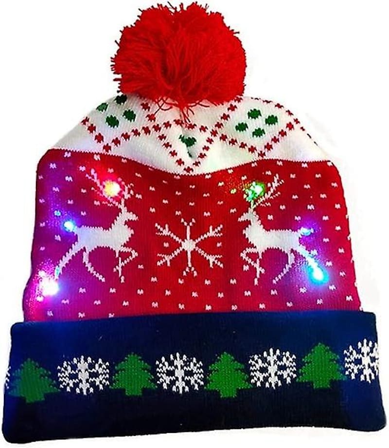 Gorro de invierno con pompón navideño iluminado con bombillas LED - CIERVO DE NAVIDAD